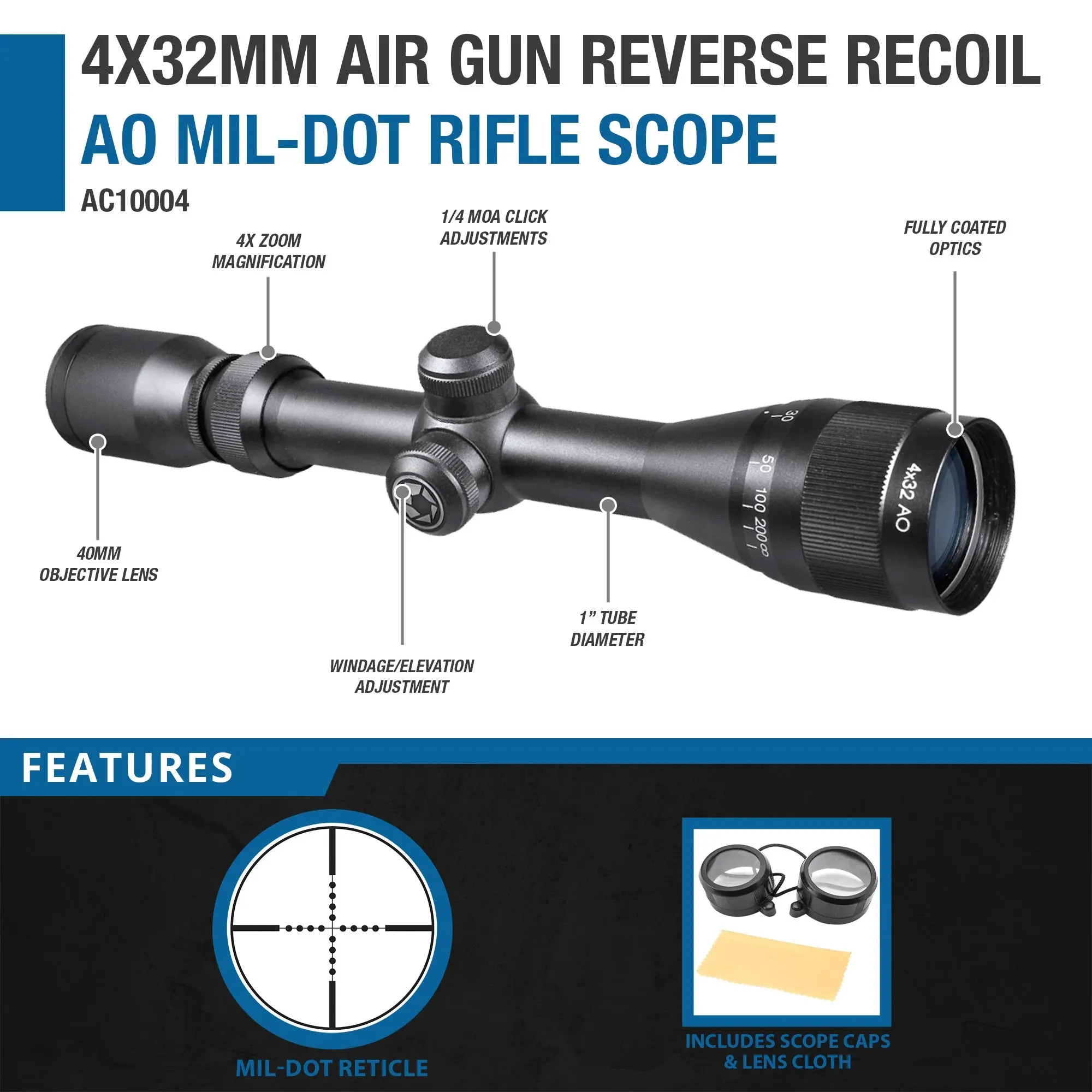 4x32mm Air Gun Reverse Recoil AO Mil-Dot Rifle Scope | AC10004