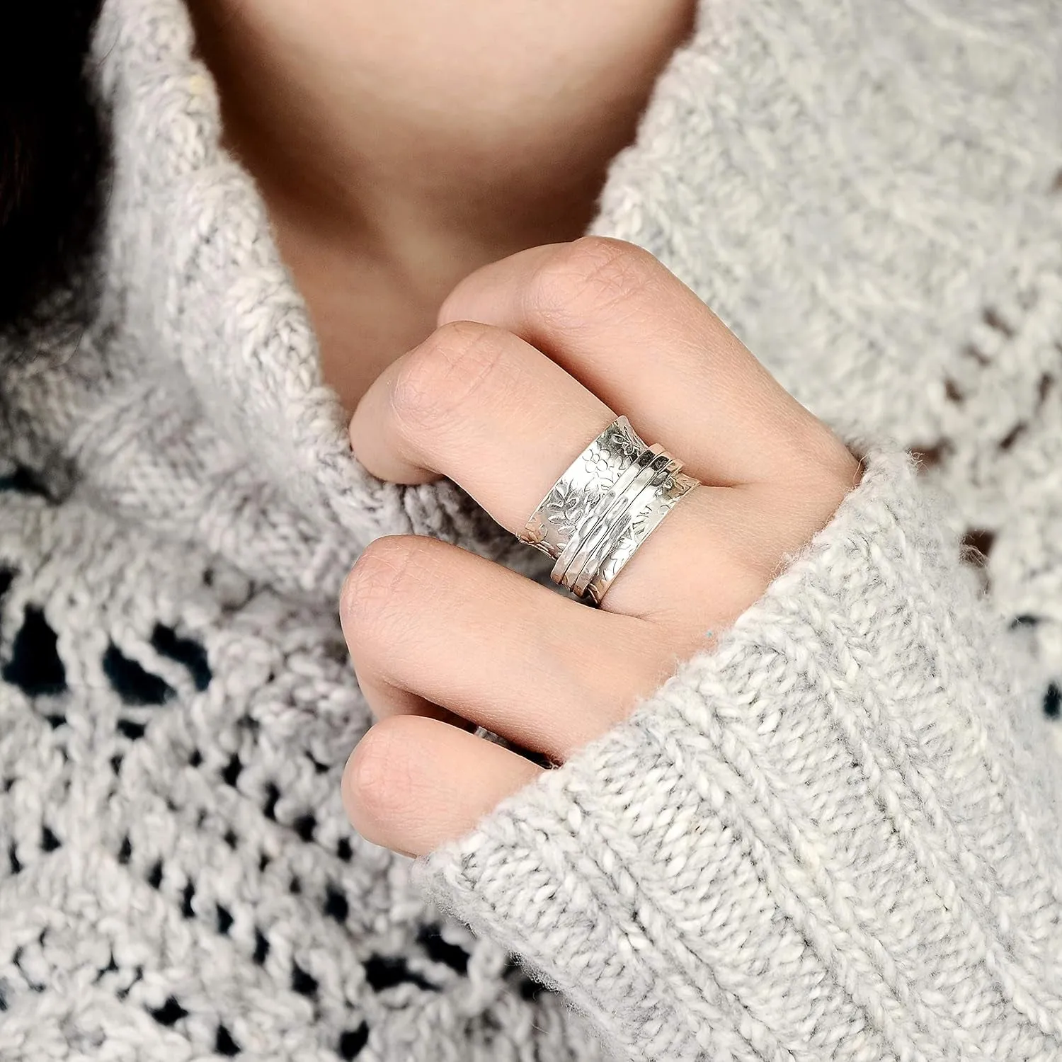 925 Sterling Silver Spinner Flowers Ring for Women Fidget Anxiety Relief Ring Band
