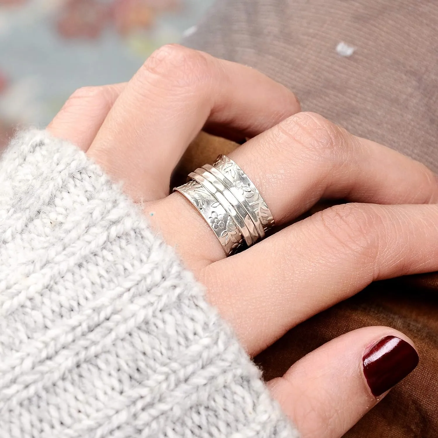 925 Sterling Silver Spinner Flowers Ring for Women Fidget Anxiety Relief Ring Band