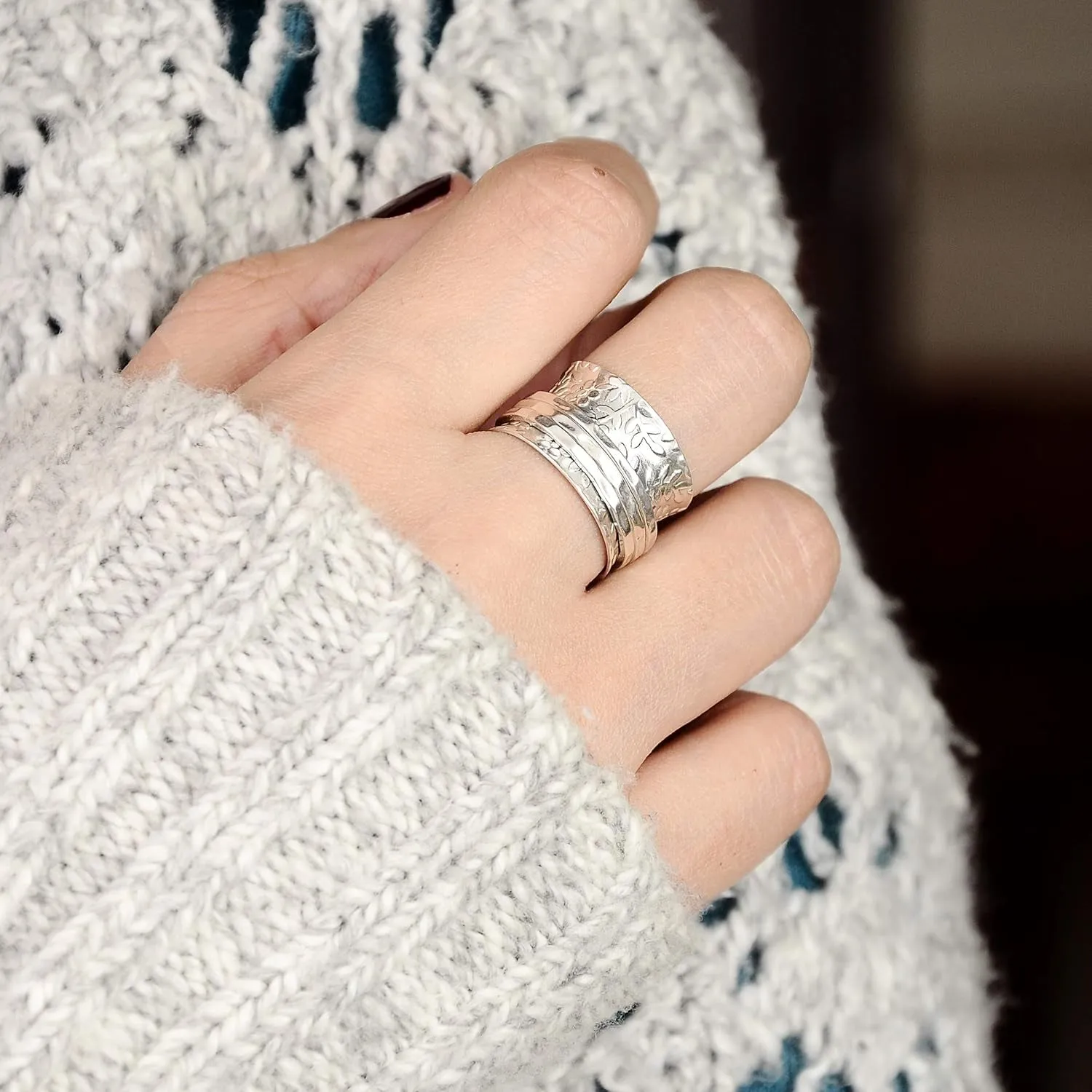 925 Sterling Silver Spinner Flowers Ring for Women Fidget Anxiety Relief Ring Band