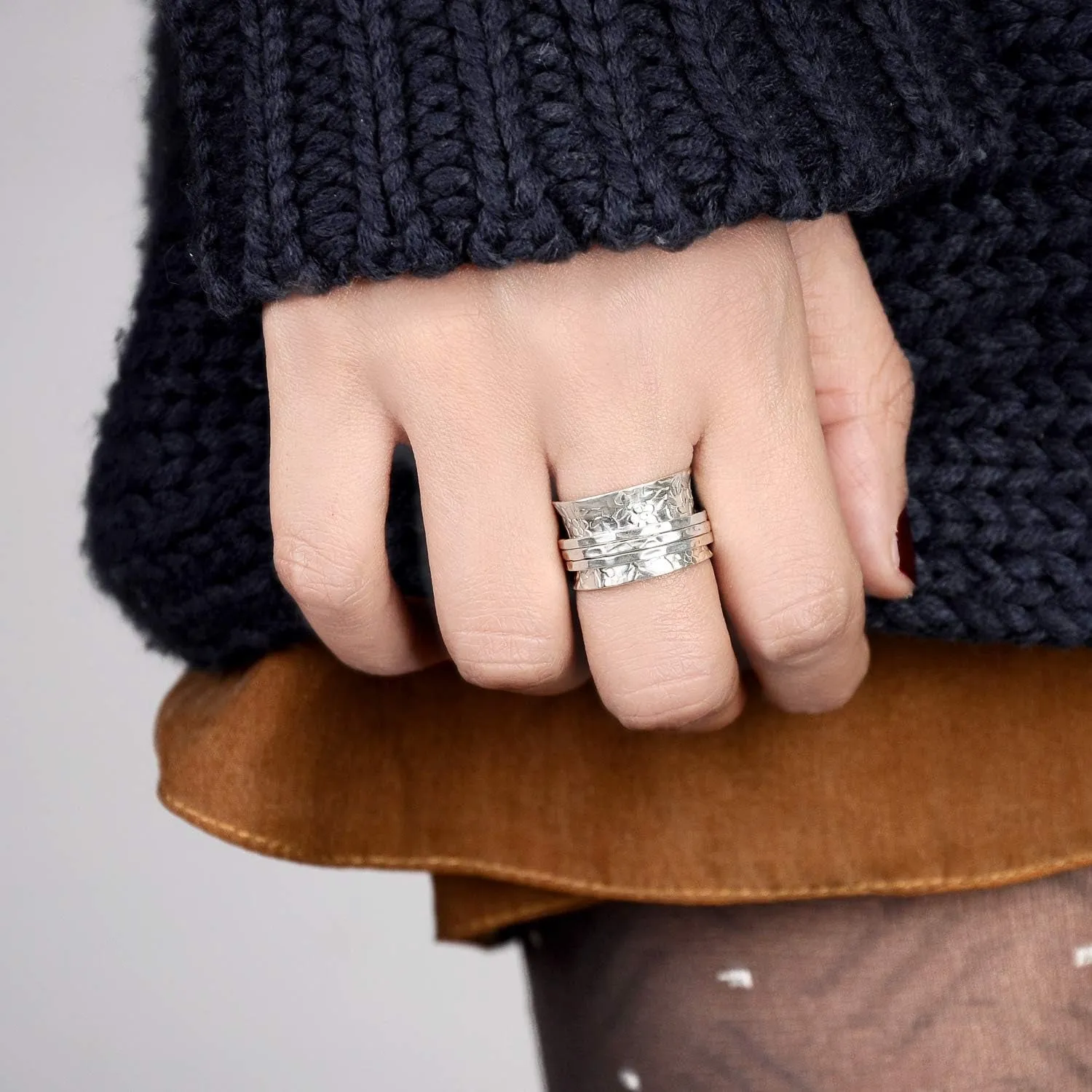 925 Sterling Silver Spinner Flowers Ring for Women Fidget Anxiety Relief Ring Band