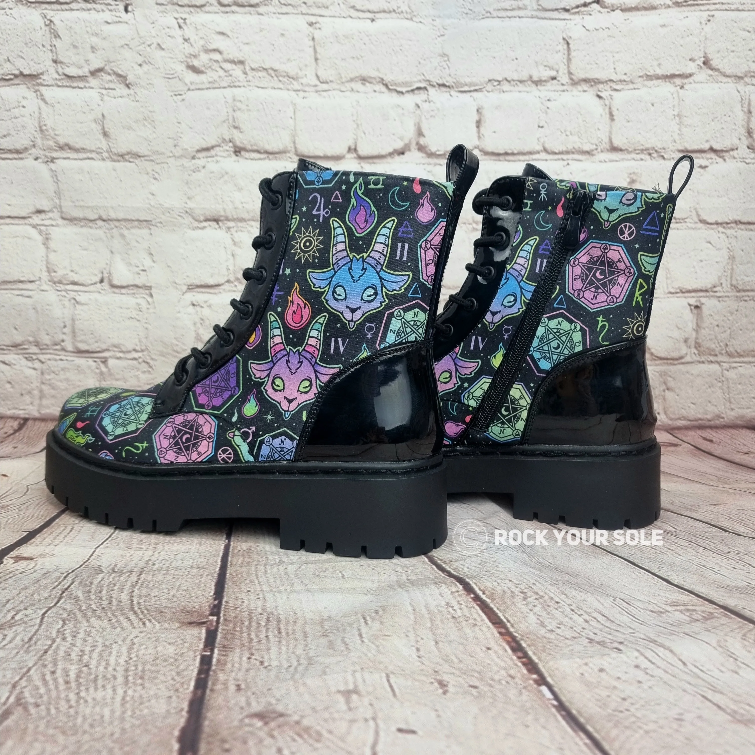 Baphomed neon goat ankle boots