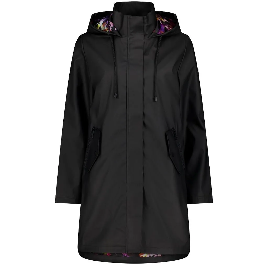 Billie PU Coated Rain Coat | Black /Purple Fleur | Moke