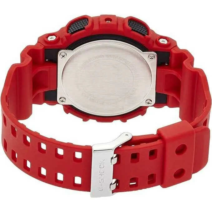 CASIO G-SHOCK DAY-DATE RED RUBBER STRAP BLACK ANALOG DIAL MEN WATCH GA-100B-4AJF