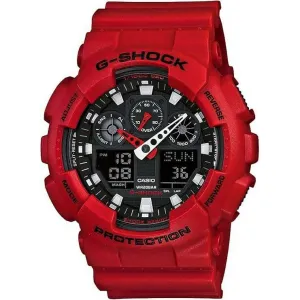 CASIO G-SHOCK DAY-DATE RED RUBBER STRAP BLACK ANALOG DIAL MEN WATCH GA-100B-4AJF