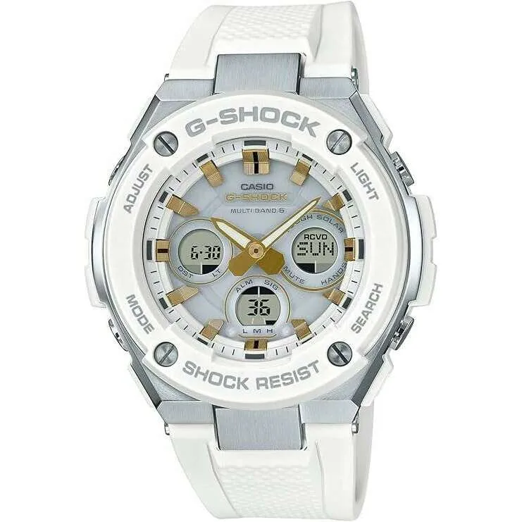 CASIO G-SHOCK G-STEEL RADIO SOLAR ANALOG DIGITAL DIAL WHITE & GOLD MEN WATCH GST-W300-7AJF