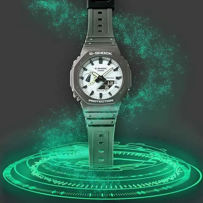 CASIO G-SHOCK HIDDEN GLOW SERIES DAY-DATE GREY STRAP WHITE DIAL MEN WATCH GA-2100HD-8AJF