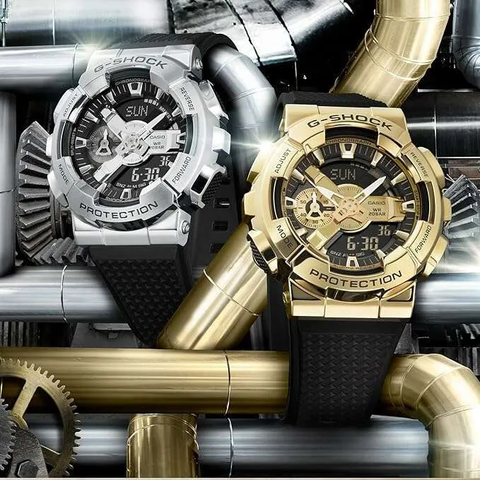 CASIO G-SHOCK METAL COVERED ANALOG DIGITAL DIAL BLACK & SILVER MEN WATCH GM-110-1AJF