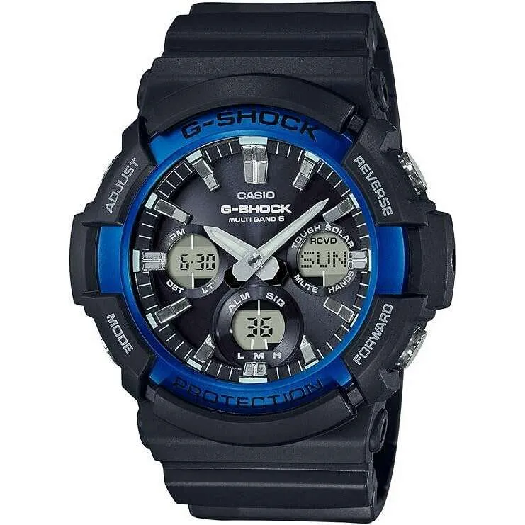 CASIO G-SHOCK RADIO SOLAR ANALOG DIGITAL DIAL BLACK & BLUE MEN WATCH GAW-100B-1A2JF