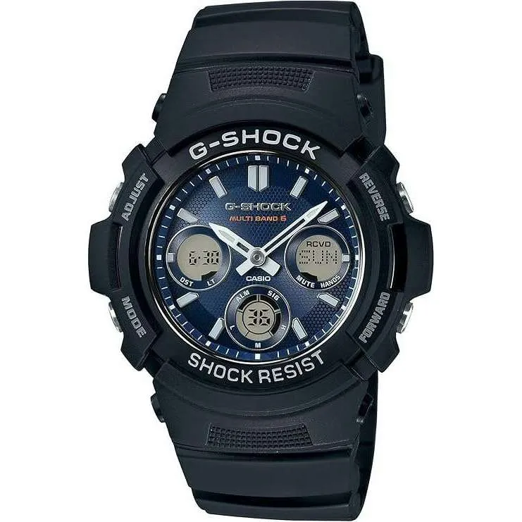 CASIO G-SHOCK SOLAR BLACK RUBBER STRAP NAVY BLUE DIAL MEN WATCH AWG-M100SB-2AJF