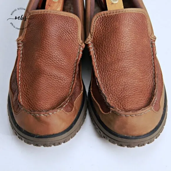 EUC LL Bean All Week Leather Slip Ons w/ Shearling Insole in Brown Men Size 9