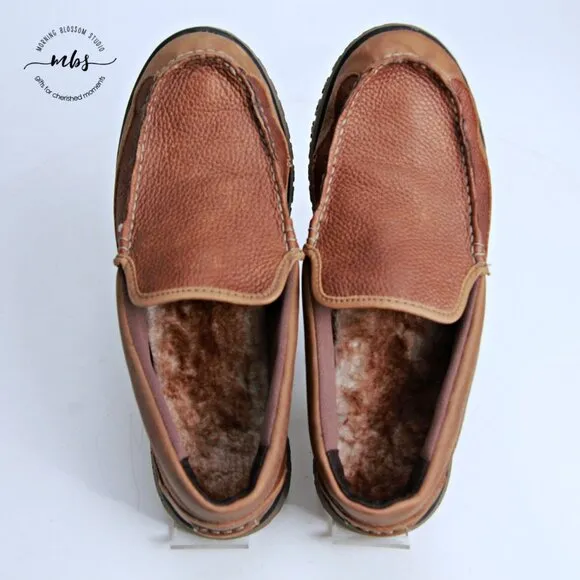 EUC LL Bean All Week Leather Slip Ons w/ Shearling Insole in Brown Men Size 9