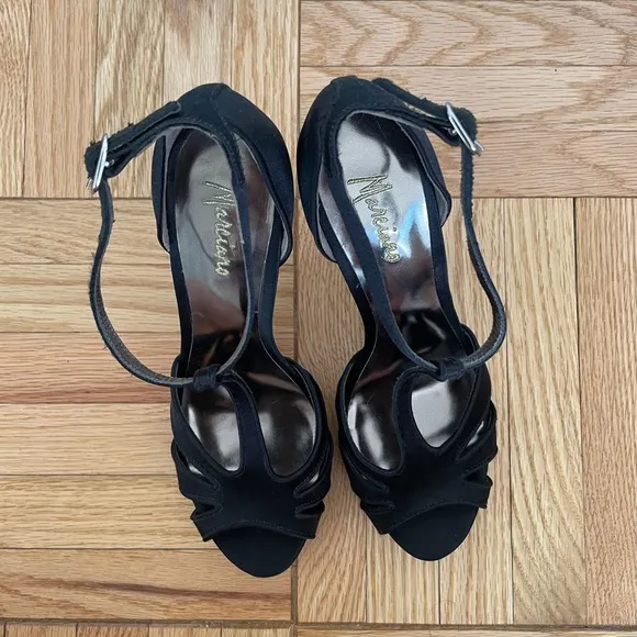 NEW Marciano Carla Black Satin High Heel Sandal with Silver Heel - 5.5