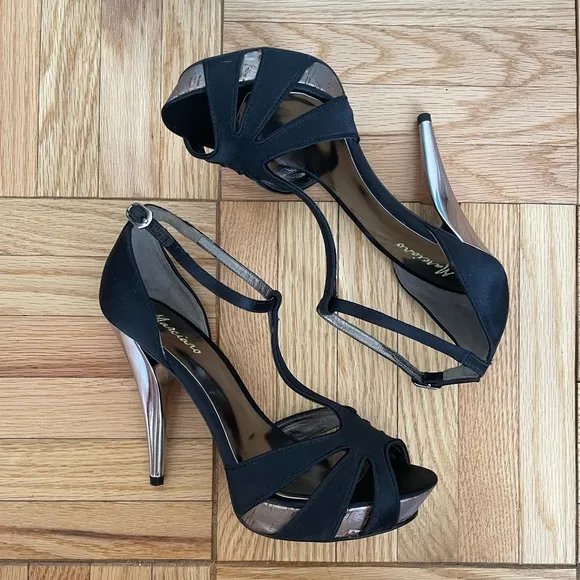 NEW Marciano Carla Black Satin High Heel Sandal with Silver Heel - 5.5