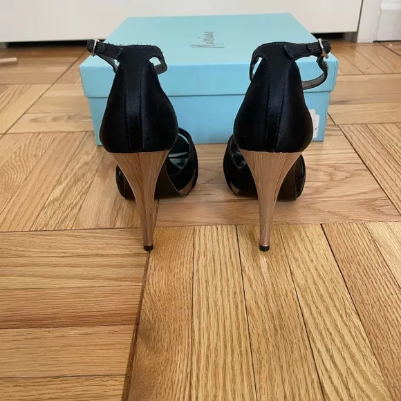 NEW Marciano Carla Black Satin High Heel Sandal with Silver Heel - 5.5