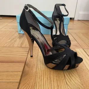 NEW Marciano Carla Black Satin High Heel Sandal with Silver Heel - 5.5