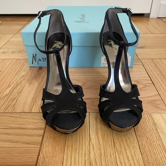 NEW Marciano Carla Black Satin High Heel Sandal with Silver Heel - 5.5