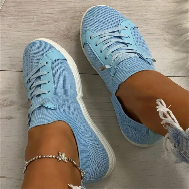 New Women's Shoes Round Toe Lace-Up Flat-bottomed Large Size Solid Color Breathable Shoes