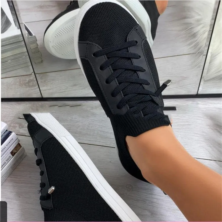 New Women's Shoes Round Toe Lace-Up Flat-bottomed Large Size Solid Color Breathable Shoes