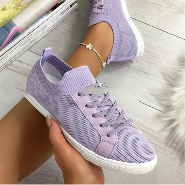 New Women's Shoes Round Toe Lace-Up Flat-bottomed Large Size Solid Color Breathable Shoes