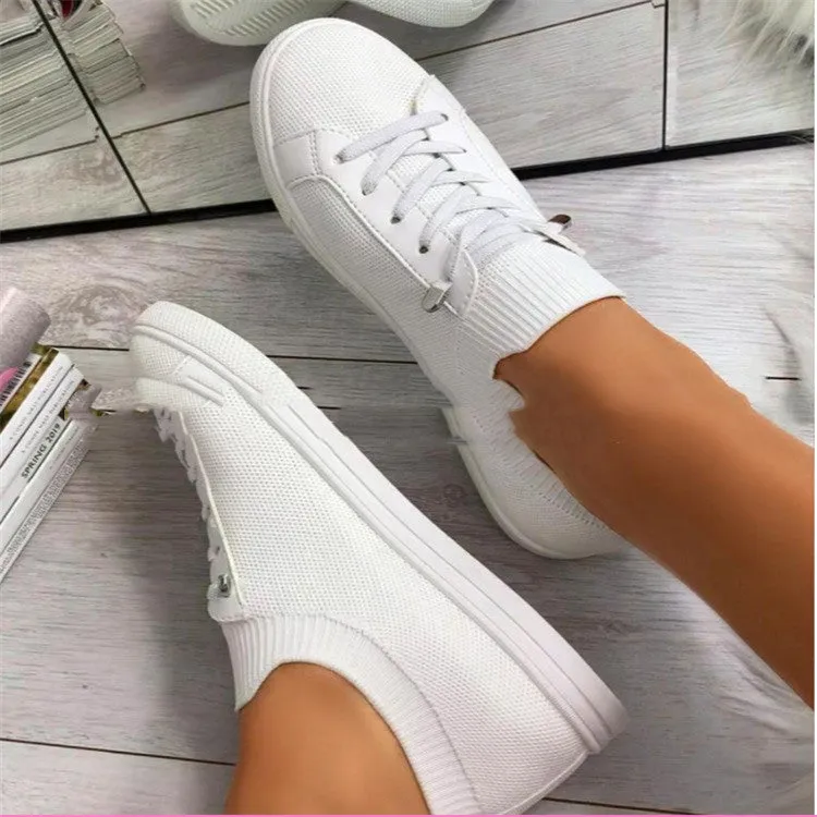New Women's Shoes Round Toe Lace-Up Flat-bottomed Large Size Solid Color Breathable Shoes