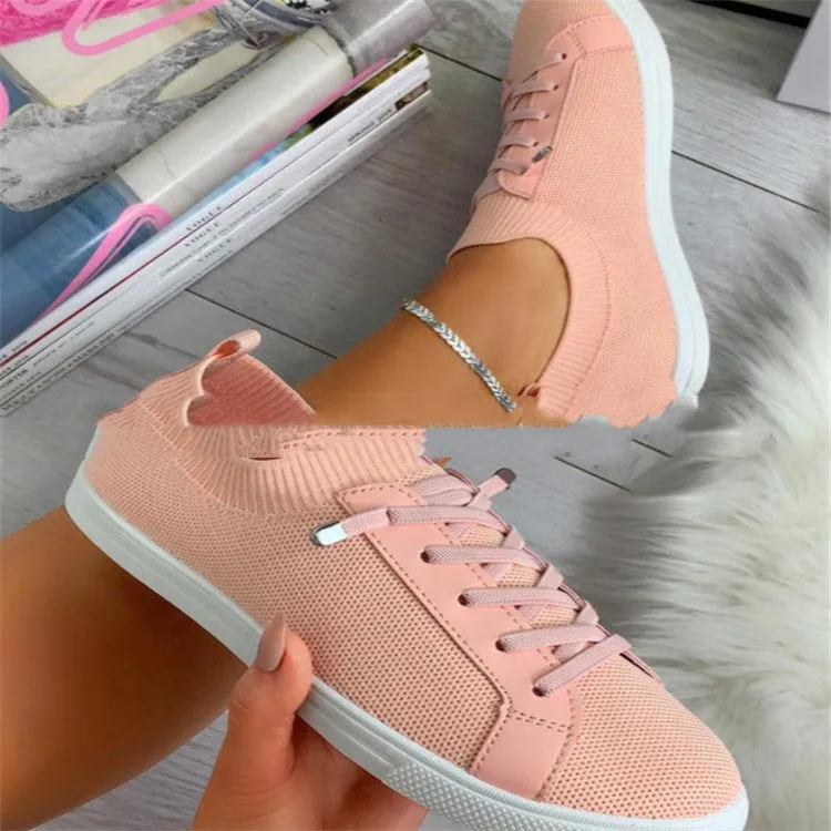 New Women's Shoes Round Toe Lace-Up Flat-bottomed Large Size Solid Color Breathable Shoes
