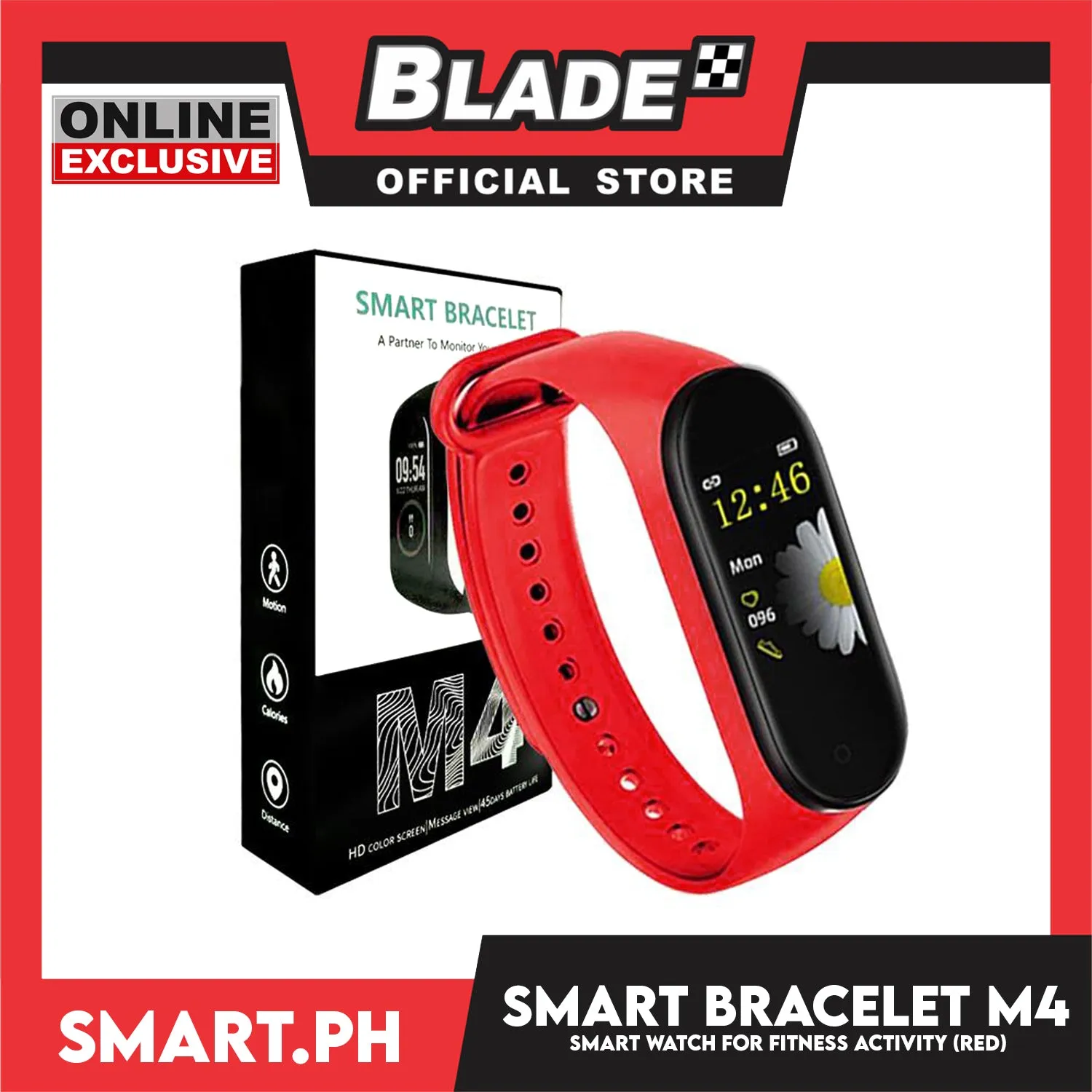 Smart Bracelet M4 Fitness Tracker Smart Watch (Red) Wristband for Health Monitoring