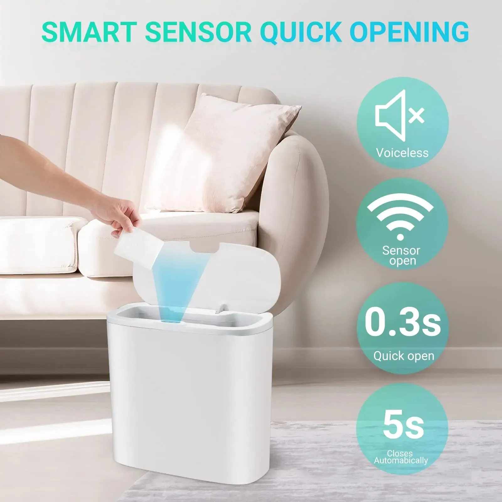 Touchless Home Trash Can with Lid, Motion Sensor & Waterproof Slim Garbage Can