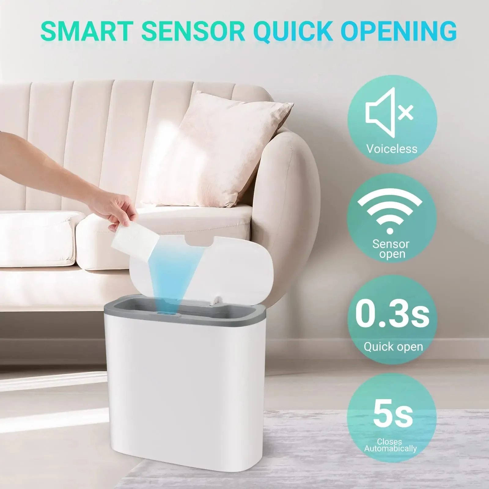 Touchless Home Trash Can with Lid, Motion Sensor & Waterproof Slim Garbage Can