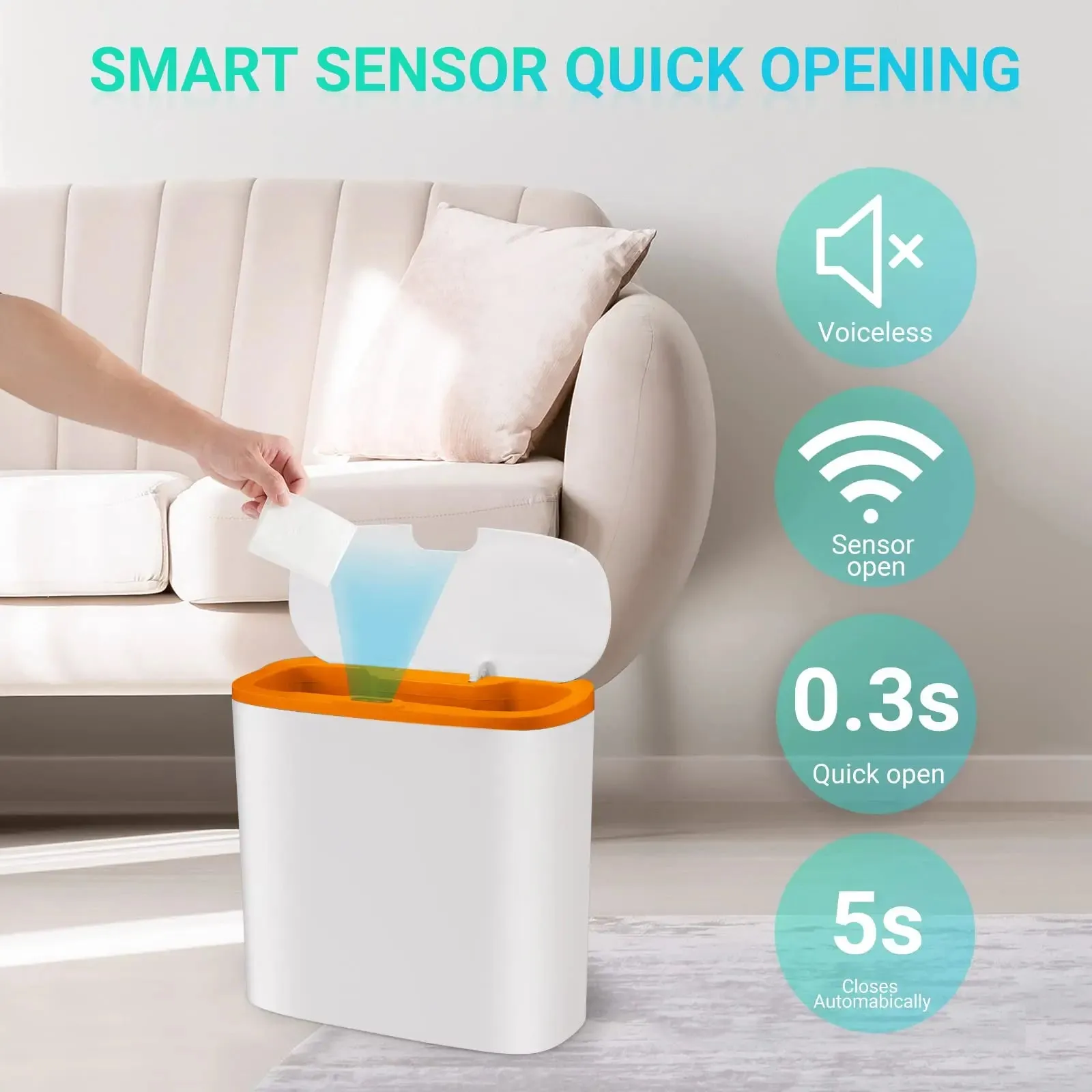 Touchless Home Trash Can with Lid, Motion Sensor & Waterproof Slim Garbage Can