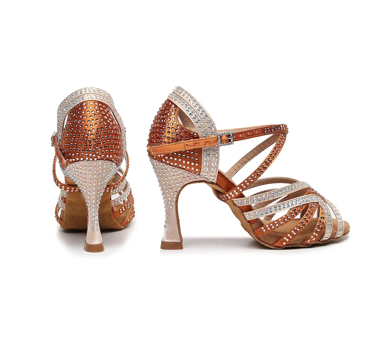 Women girls soft-soled diamond Latin dance shoes orange white splicing cha-cha  salsa samba tango waltz dance shoes high-heeled